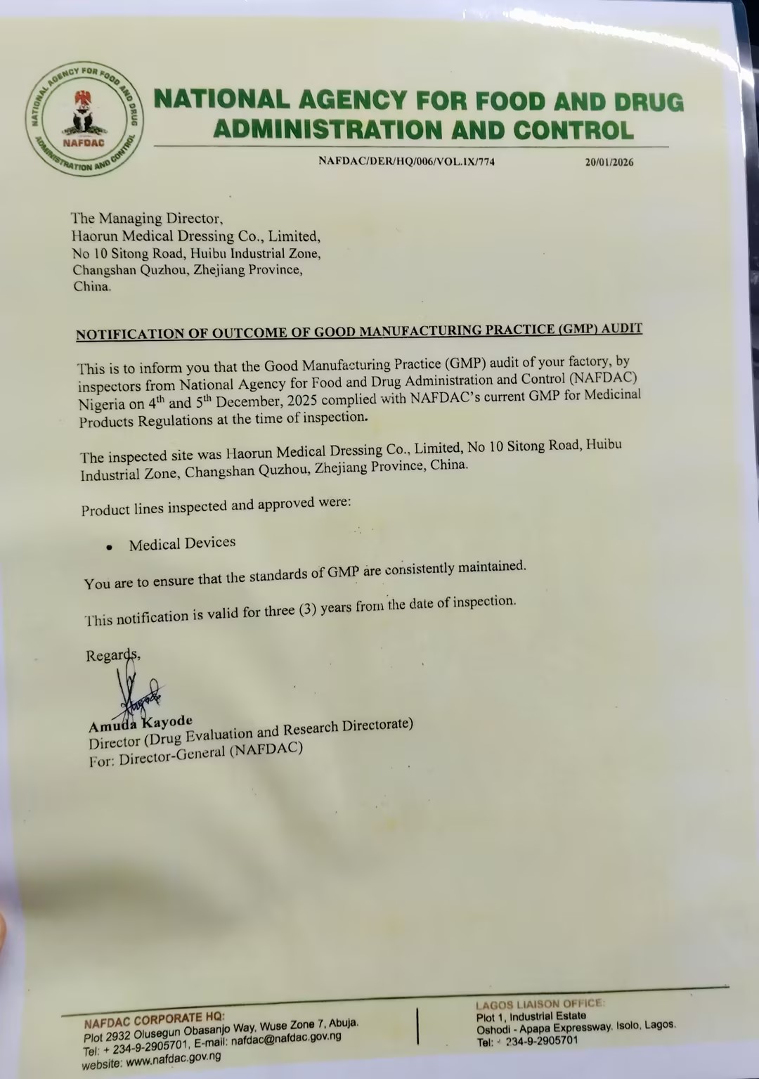 محصولات پزشکی Haorun به طور رسمی گواهینامه ثبت NAFDAC را در نیجریه دریافت می کنند